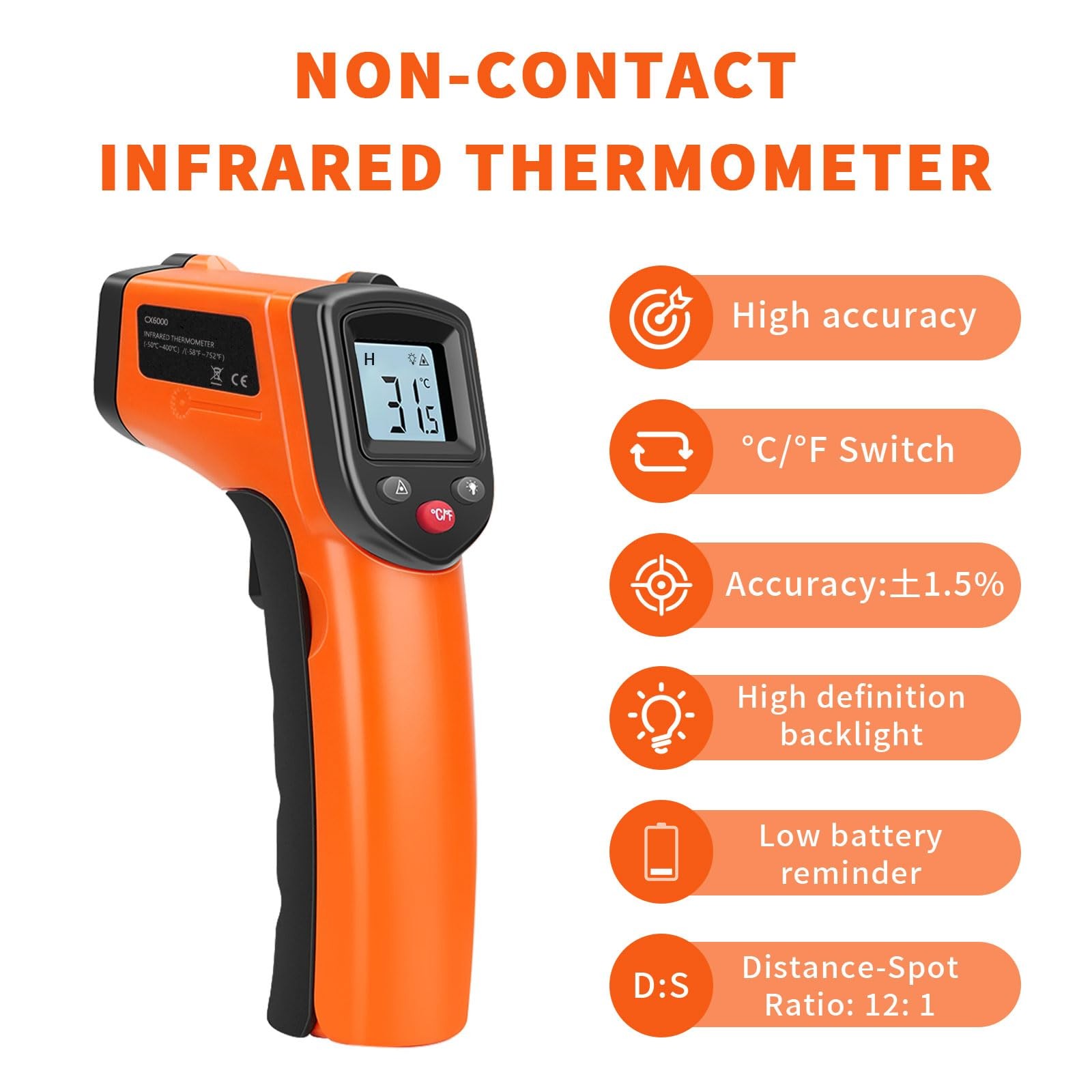 Huijigemy Non-Contact Infrared Thermometer Gun X6000- Handheld Digital Orange