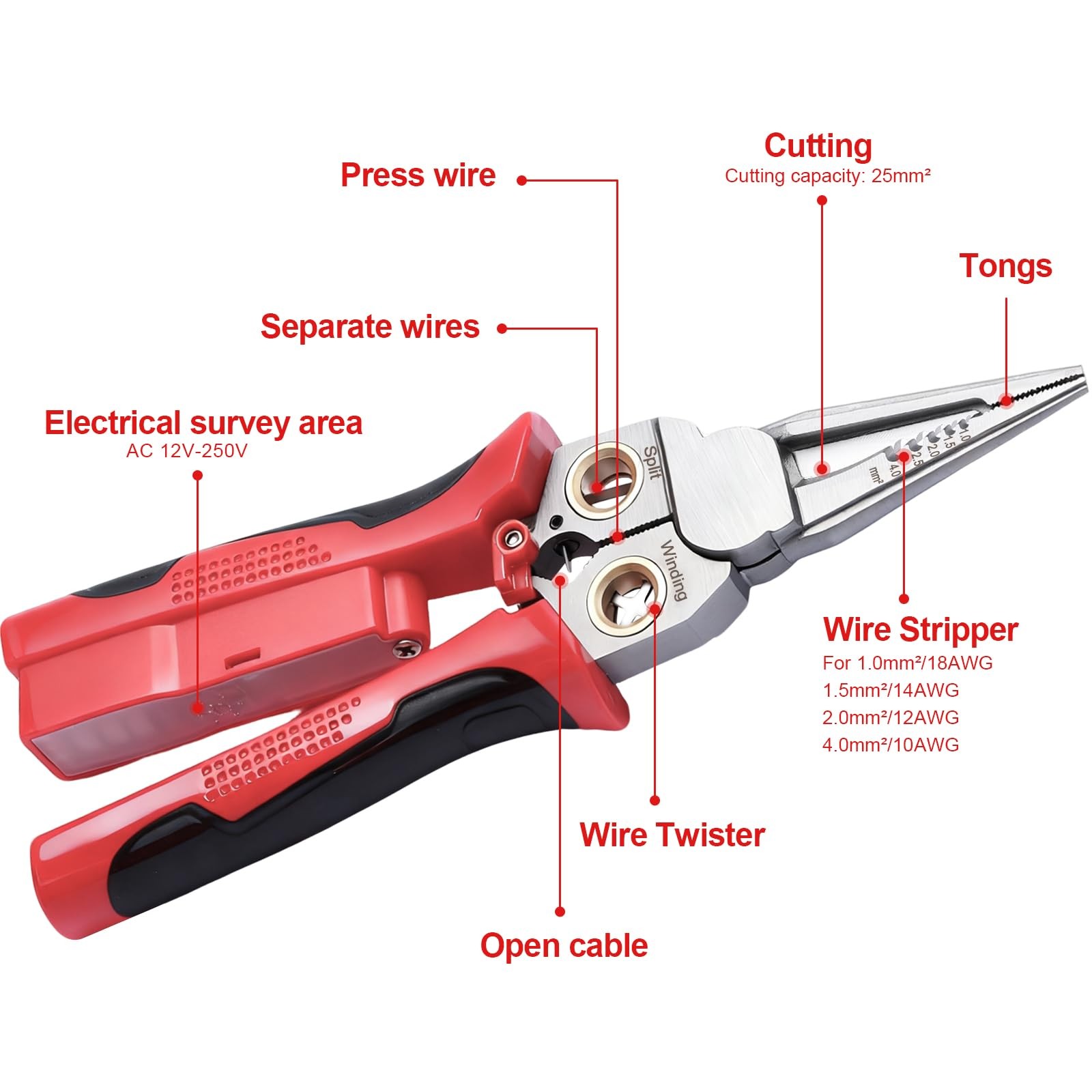 JEJIEFI Pro 8-in-1 Wire Stripping Pliers with Voltage Tester for Red