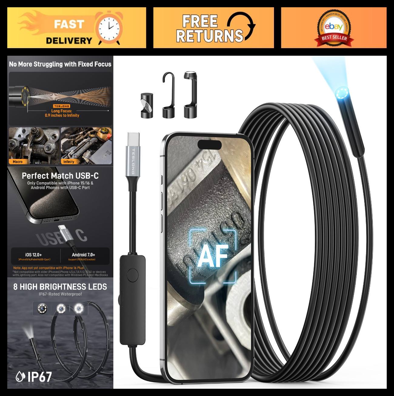 2.0MP HD Autofocus Borescope Endoscope Camera, 16.5ft Flexible USB-C Inspection