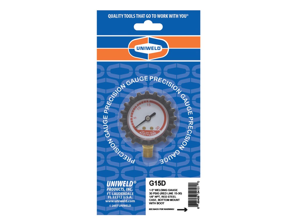 Uniweld G15D – Acetylene Delivery Gauge, 1.5in with 1/8in NPT, 30 PSI