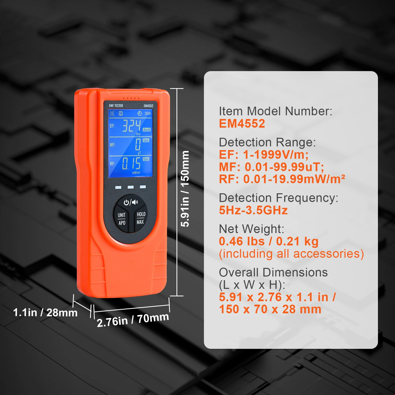 3-in-1 EMF Meter 5Hz-3.5GHz Rechargeable LCD EMF Radiation Tester Handheld Scans