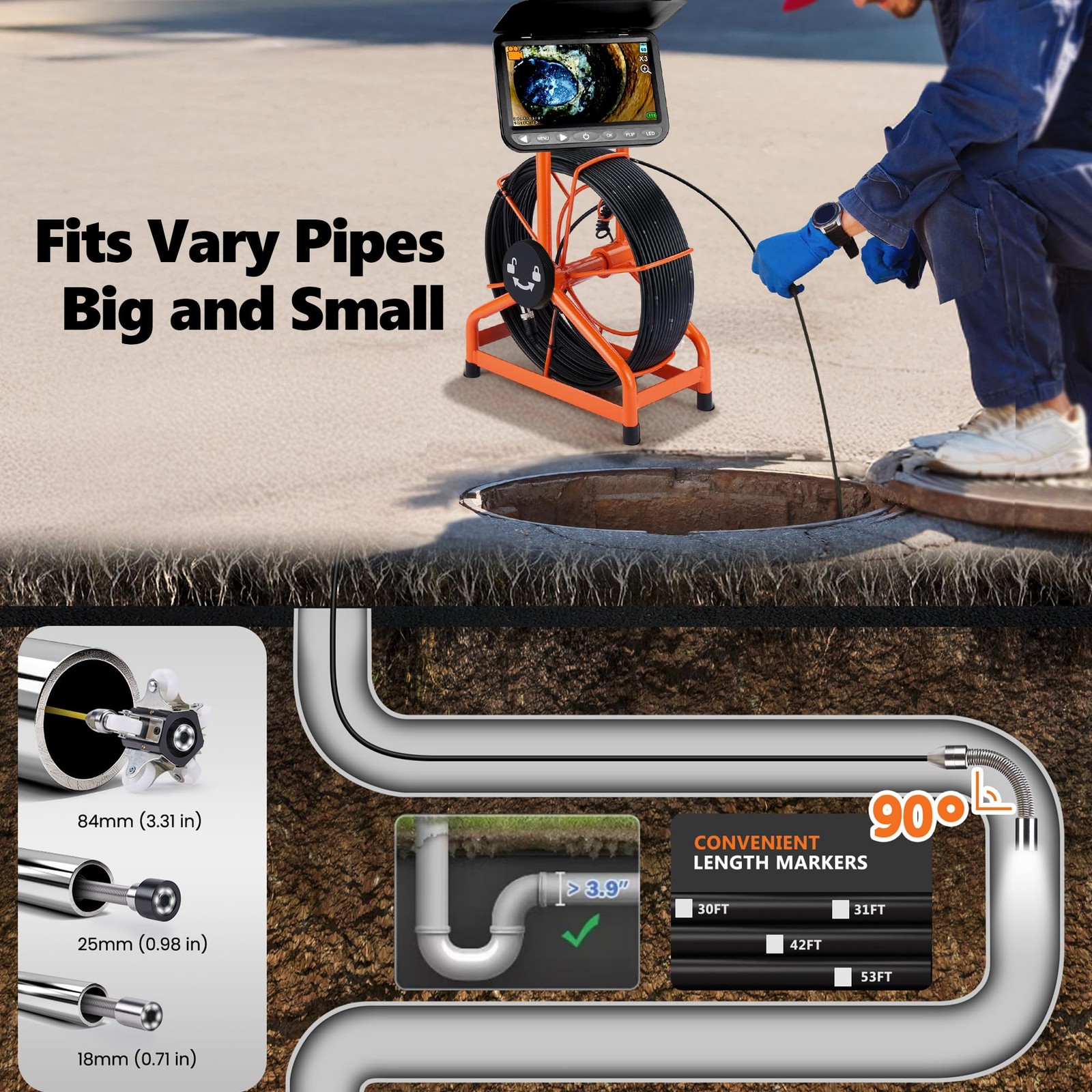 𝟐𝟎𝟐𝟔 𝐧𝐞𝐰 7” Sewer Camera, HD 1080P w/DVR-32GB, [New 1s Twist-to-Unlock