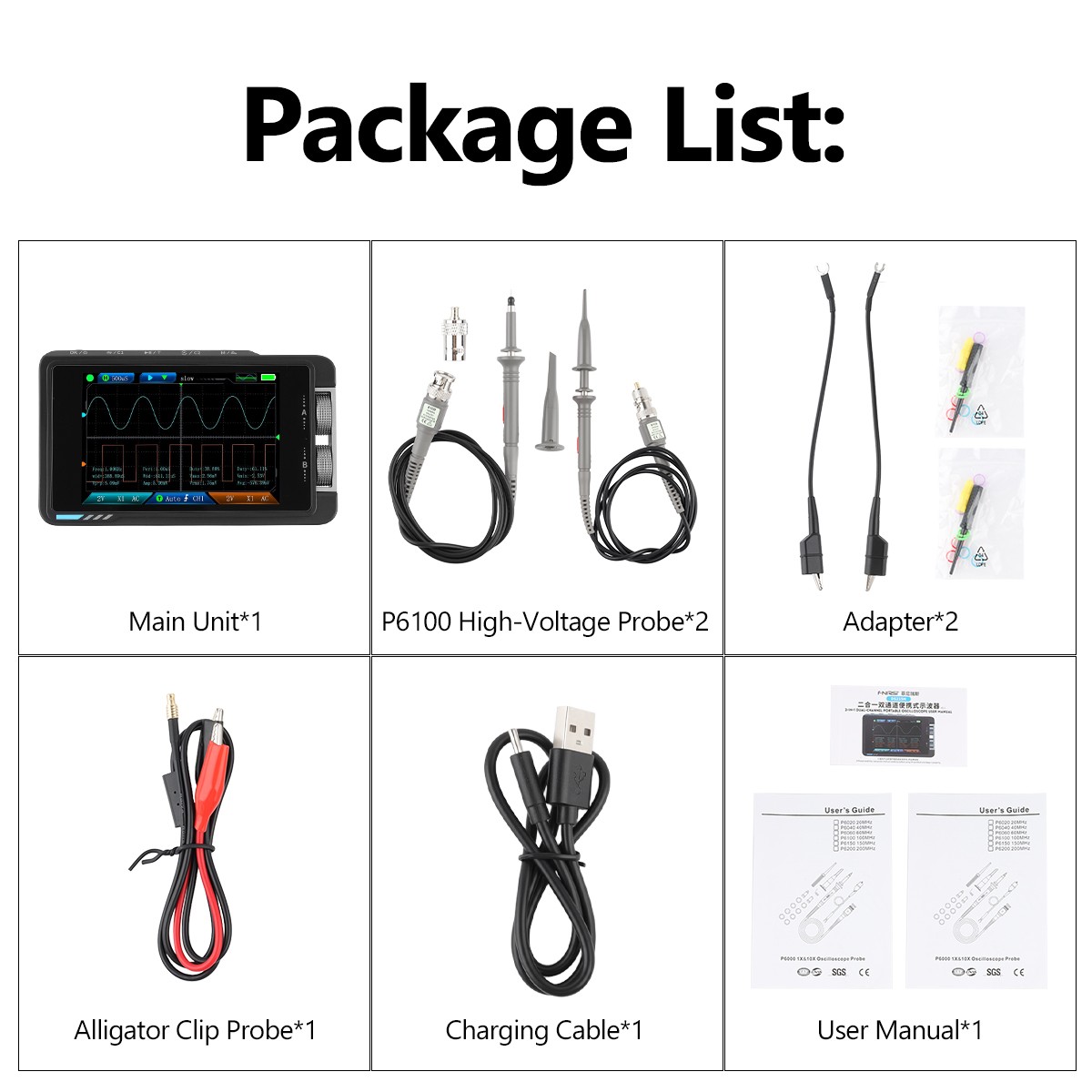 2-in-1 3.5″ FNIRSI DS215H Handheld Oscilloscope 50MHz 2-Channel + P6100 Probe*2