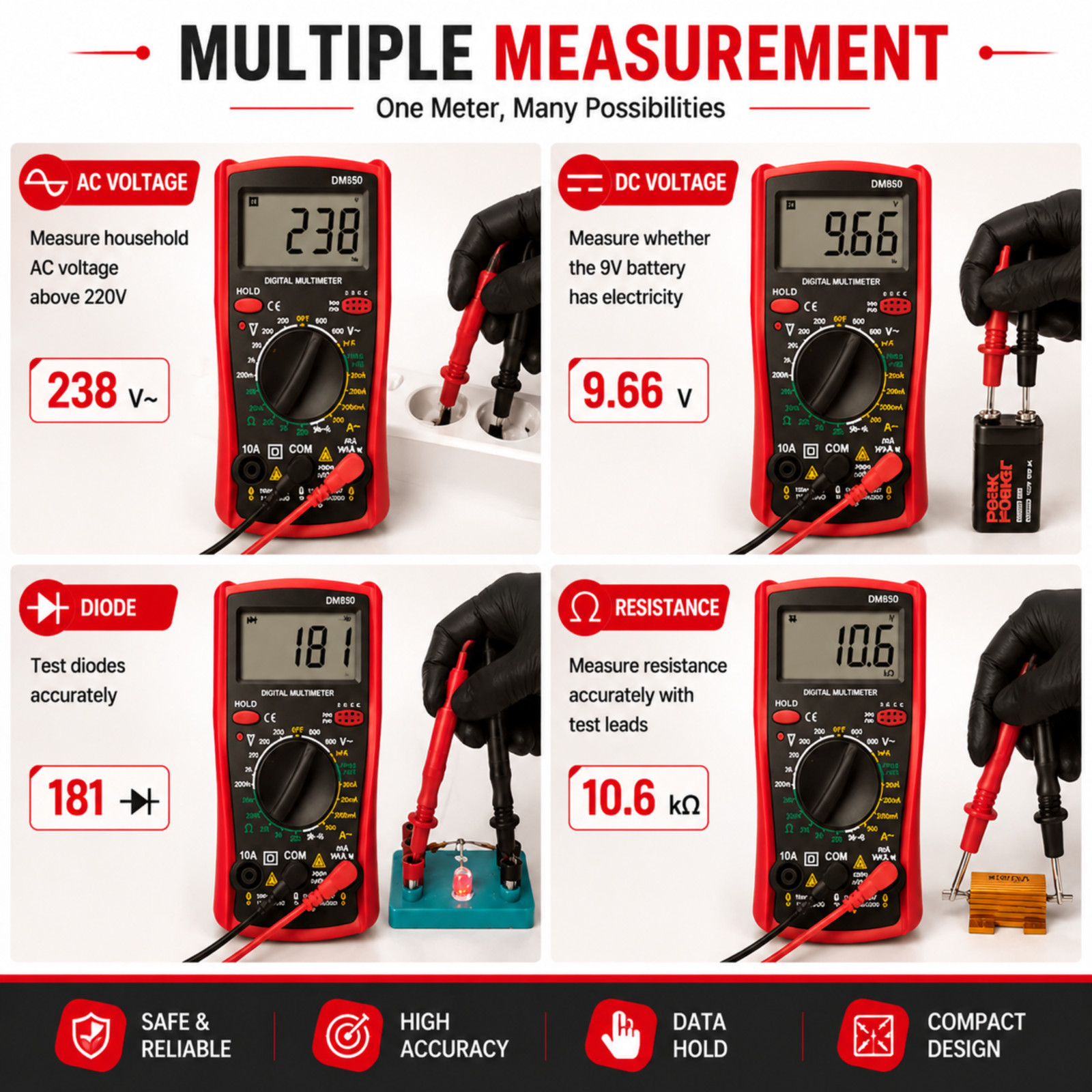 DM850 Professional Digital Multimeter 1999 Auto AC/DC Votage Tester Ohm Current