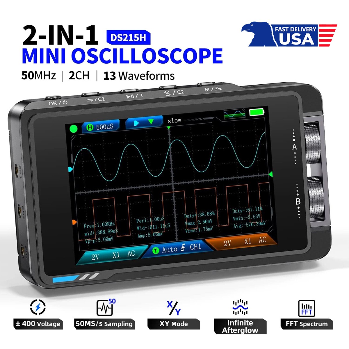 2-in-1 3.5″ FNIRSI DS215H Handheld Oscilloscope 50MHz 2-Channel + P6100 Probe*2