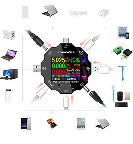 USB C Tester, 3 in 1 Type C DC5.5 USB Meter USB Load Color Screen IPS Digital Mu