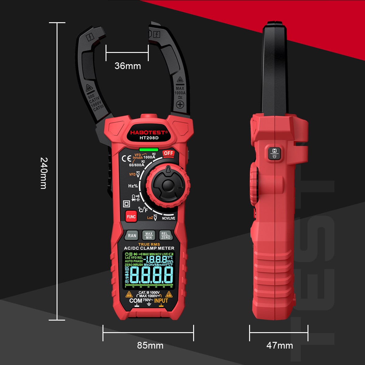 HABOTEST HT208A Handheld Clamp Meter Volt Am Ohm NCV DC AC MAX 1000V True RMS