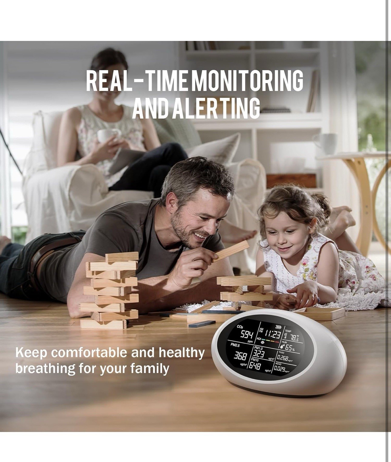 12-in-1 Portable Indoor Air Quality Monitor for CO2, PM, TVOC, Temp & Humidity