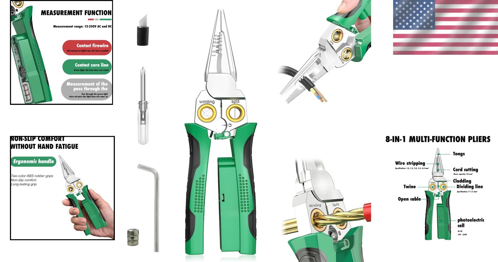 8-in-1 Wire Stripper for Electrician: Needle Nose Pliers with Voltage Green