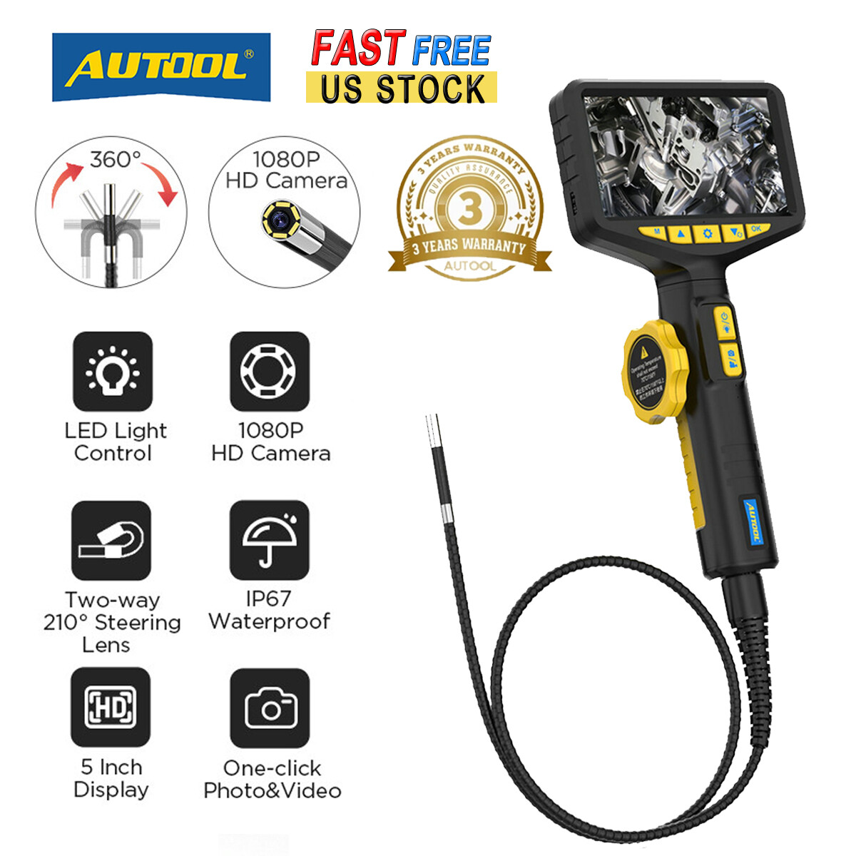 Industrial Endoscope 1080P HD 5” Screen Borescope Inspection Camera Autofocus