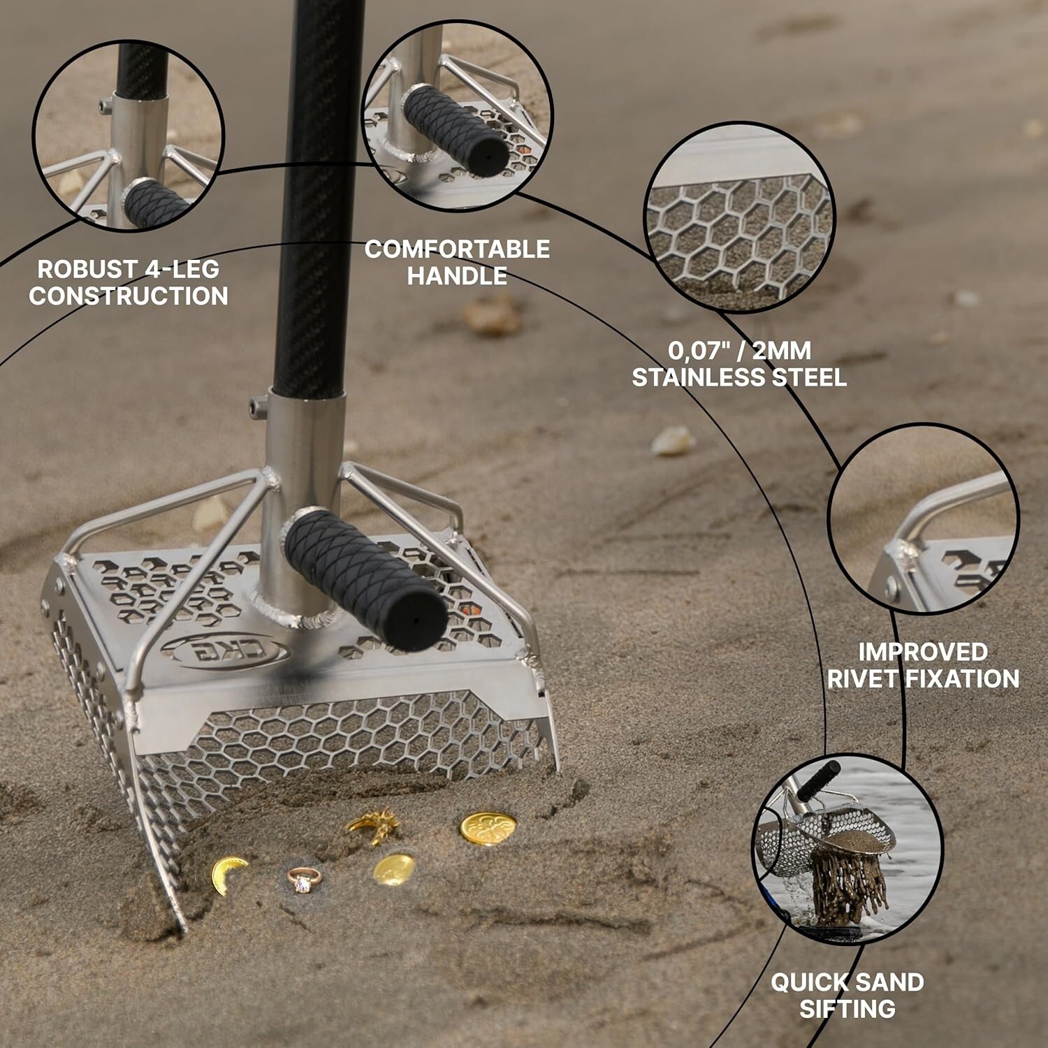 CKG Sand Scoop for Metal Detecting Carbon Handle Pole Shovel Scooper Shelling
