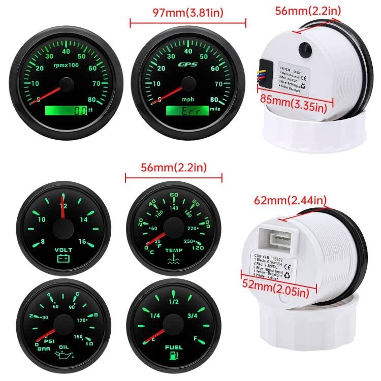 6 Gauge Marine Boat Set GPS Speedometer Tachometer Fuel Volt Oil Water Temp