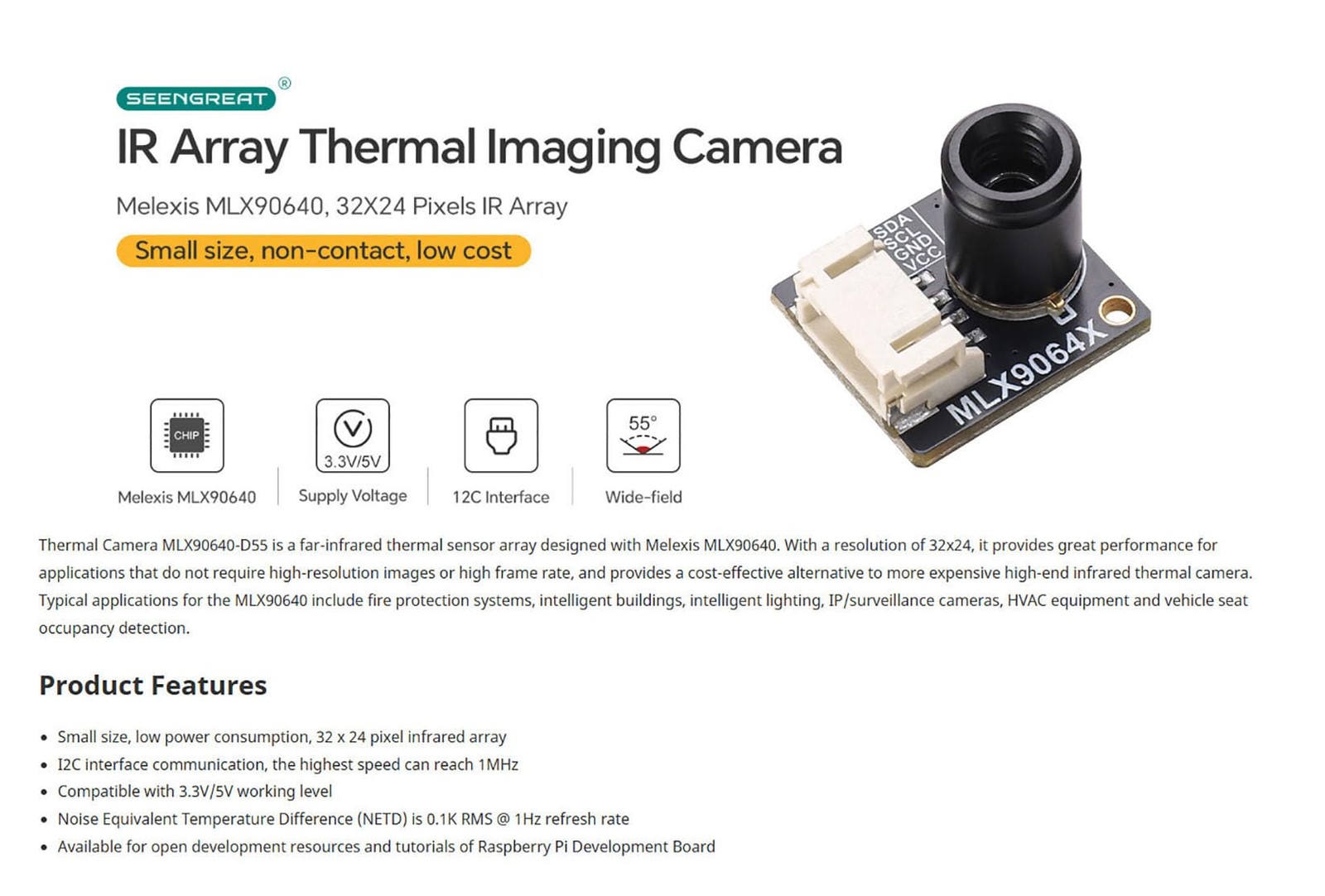 MLX90640 Thermal Imaging Camera, 32×24 IR Sensor Array for Raspberry Pi, HVAC…