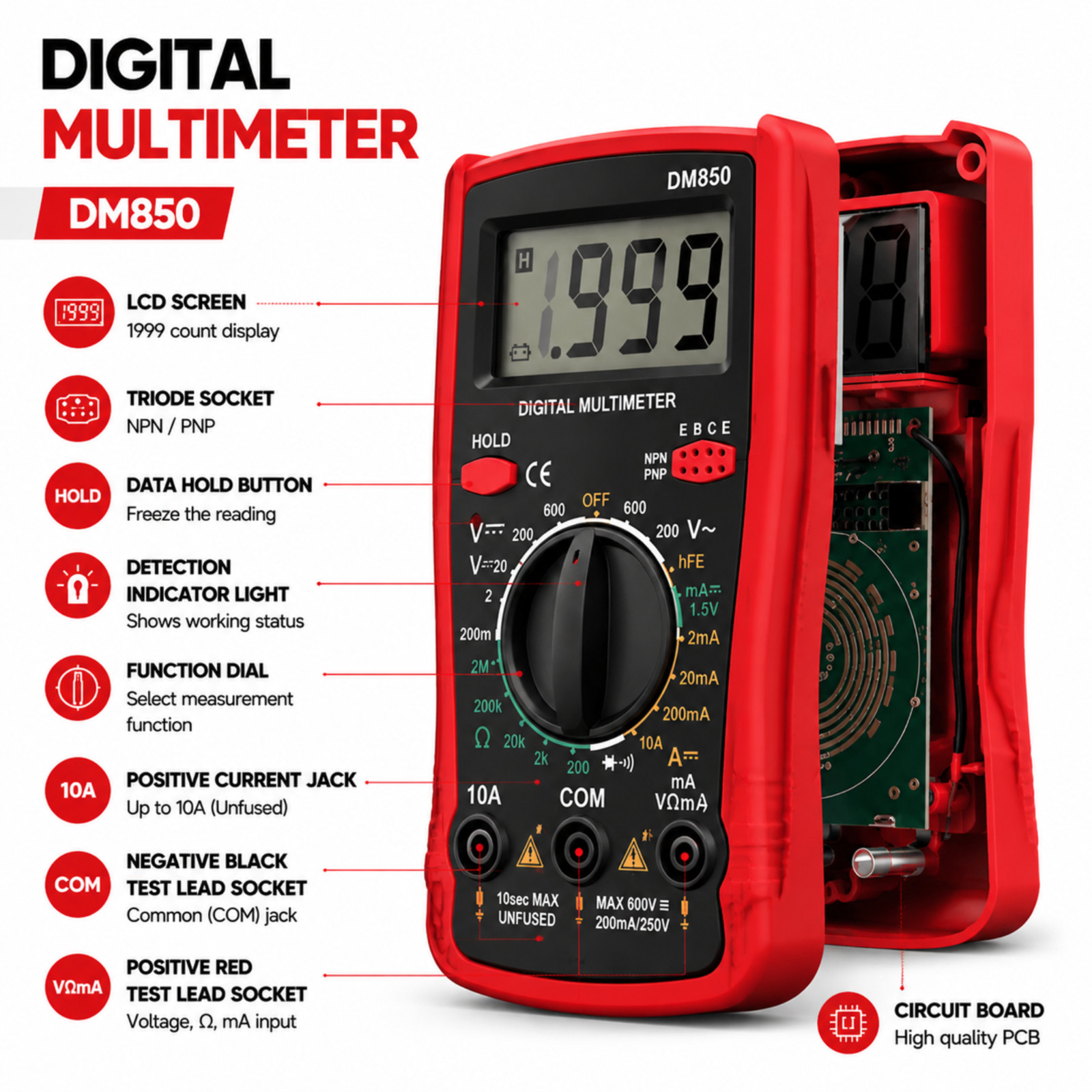 DM850 Professional Digital Multimeter 1999 Auto AC/DC Votage Tester Ohm Current