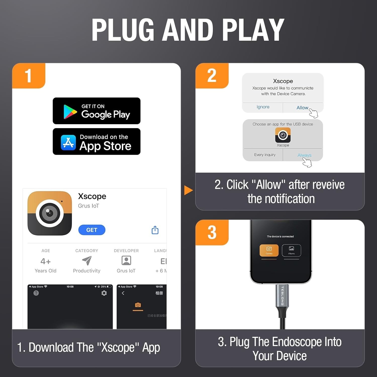 Endoscope Camera Teslong USB-C Borescope Inspection Camera for iPhone 15/Android