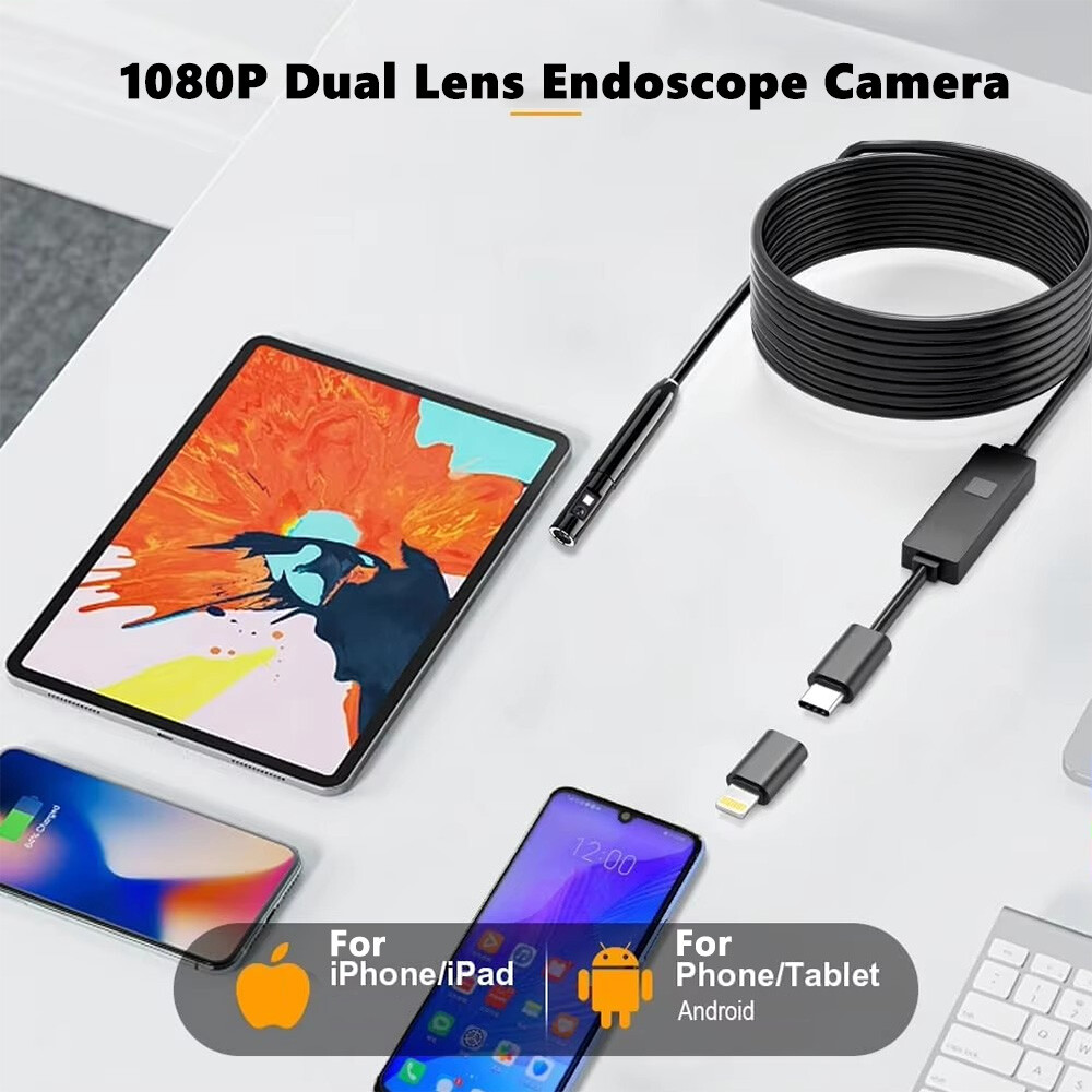 For iPhone 16/15/14 iOS/Android Cellphone iPad Dual Lens Endoscope Camera IP68