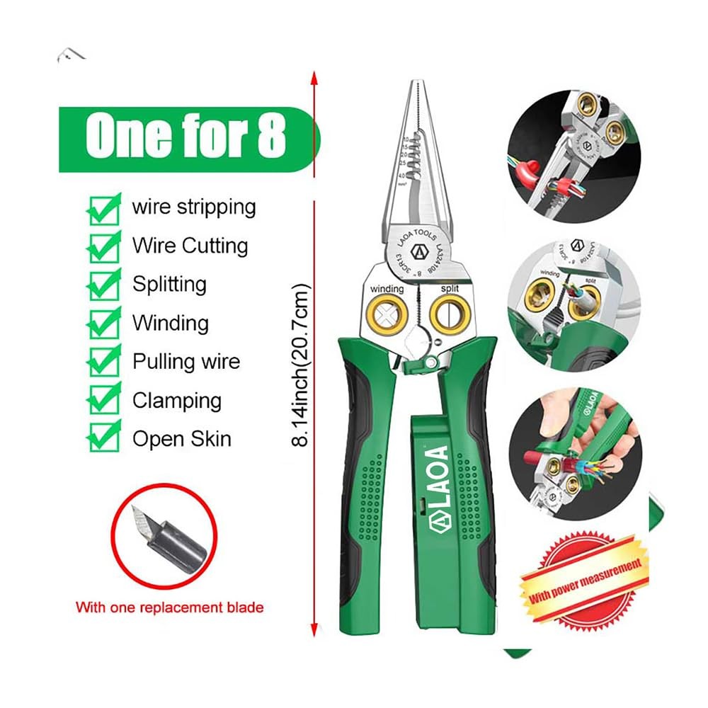 LAOA 8-in-1 Electrical Wire Stripper Pliers with Voltage Tester, Green
