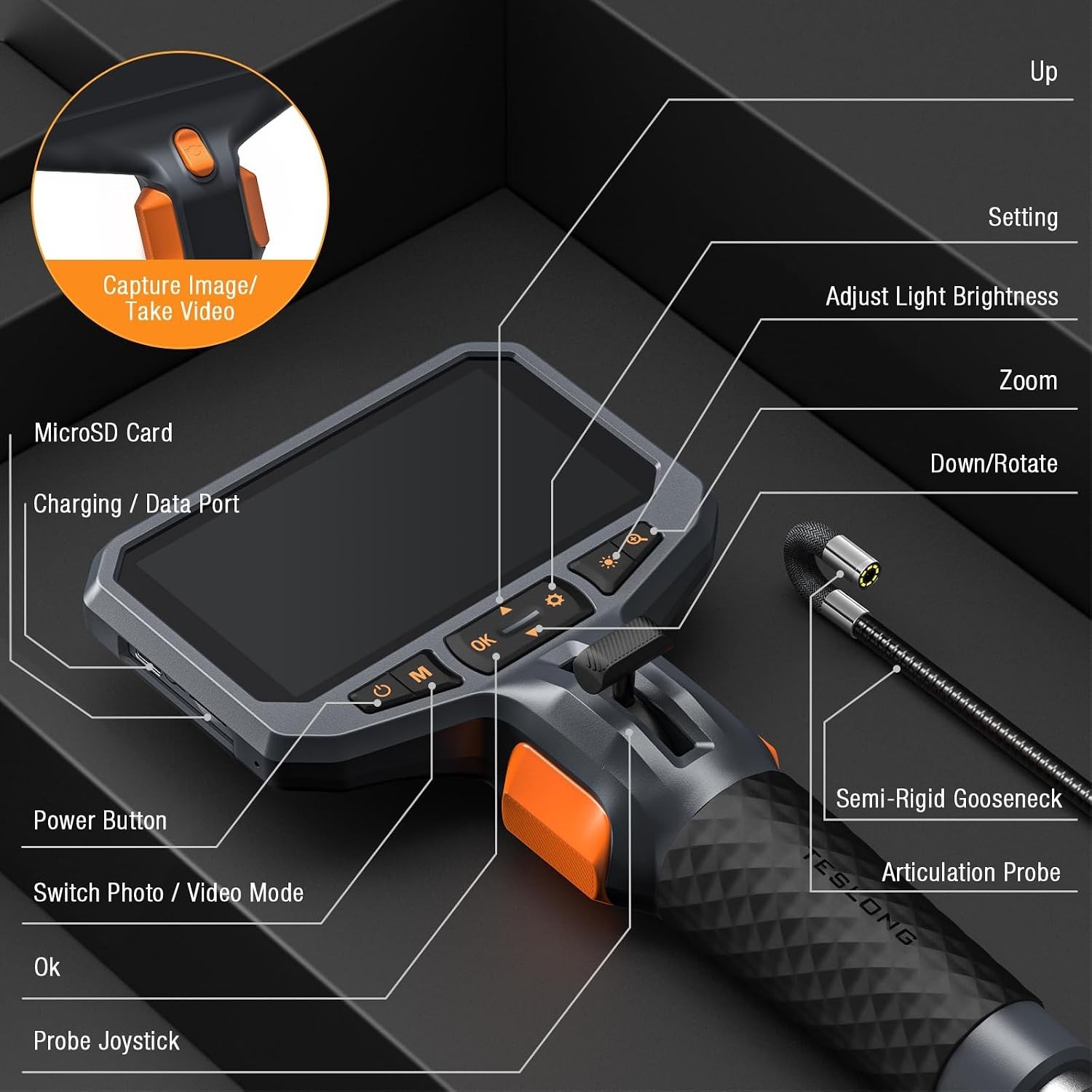 Compact Articulating Inspection Camera with Ergonomic Control & 32GB Storage