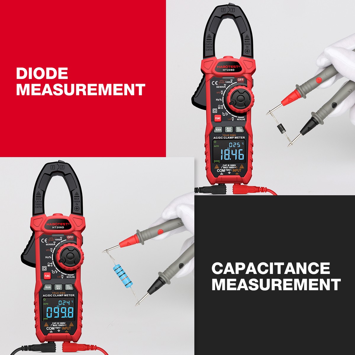 HABOTEST HT208A Handheld Clamp Meter Volt Am Ohm NCV DC AC MAX 1000V True RMS