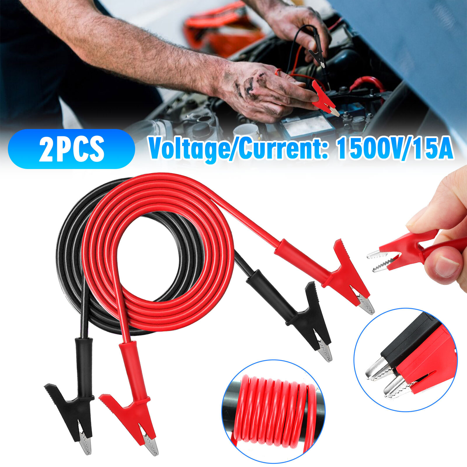 2x Heavy Duty Alligator Clips Electrical Test Leads 15A Jumper Wires Copper Clip
