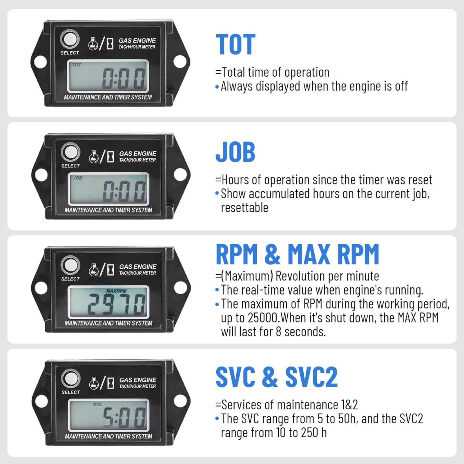 Tachometer Hour Meter 25000RPM With Service Timer For Motorcycle Lawn Mower