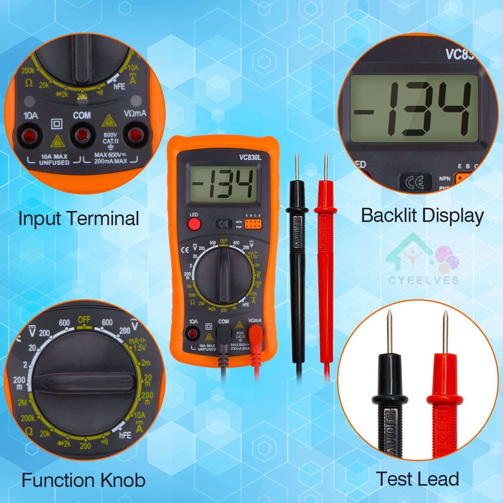 Digital Multimeter, Multimeter with AC DC 5.3 X 2.7 X 1.2 inches, Orange