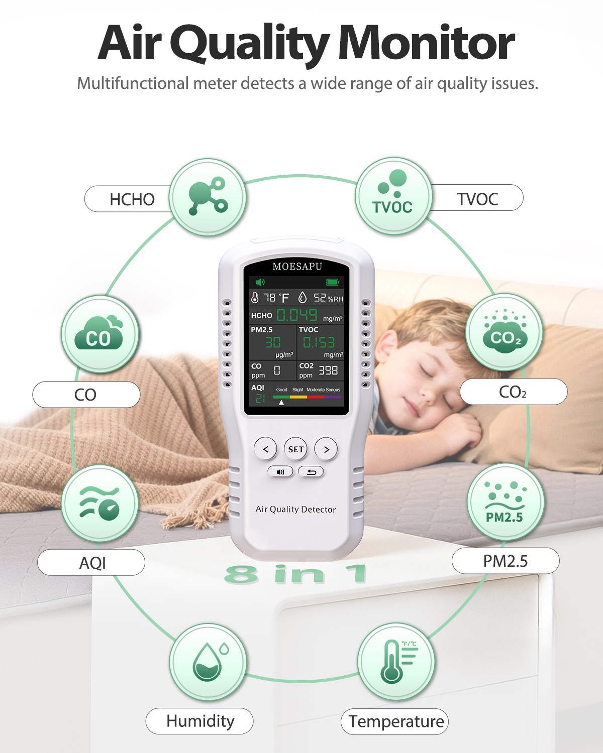 8-In-1 Air Quality Monitor, HCHO TVOC PM2.5 CO CO2 Detector