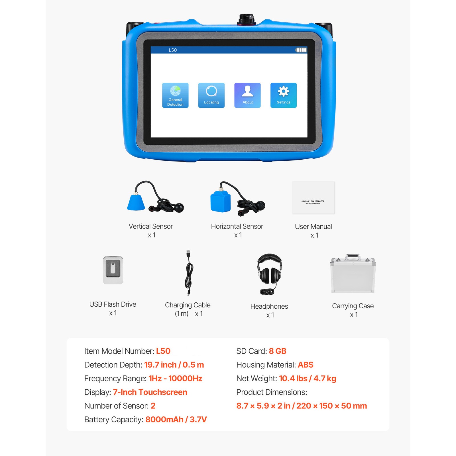 Uimoso Pipe Water Leak Detector 1Hz-10000Hz Range and 7″ Touchscreen, 2 Sensors