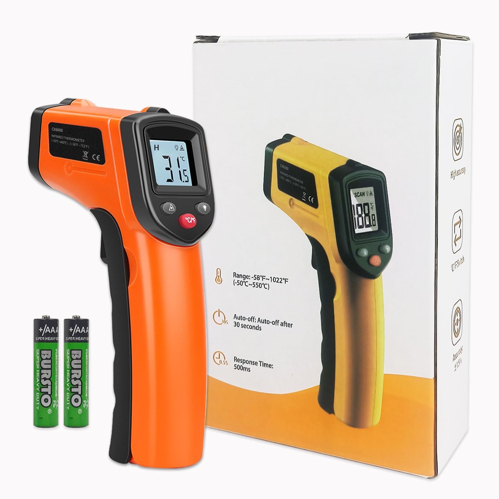 Huijigemy Non-Contact Infrared Thermometer Gun X6000- Handheld Digital Orange