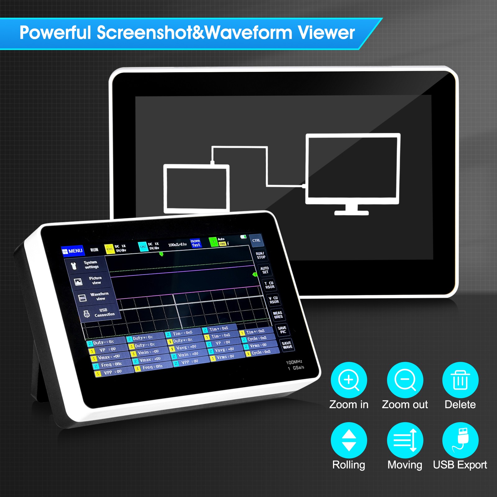 Portable 7″ Touchscreen Tablet Digital Oscilloscope 2CH 100MHz 1GSa/s 1GB Memory