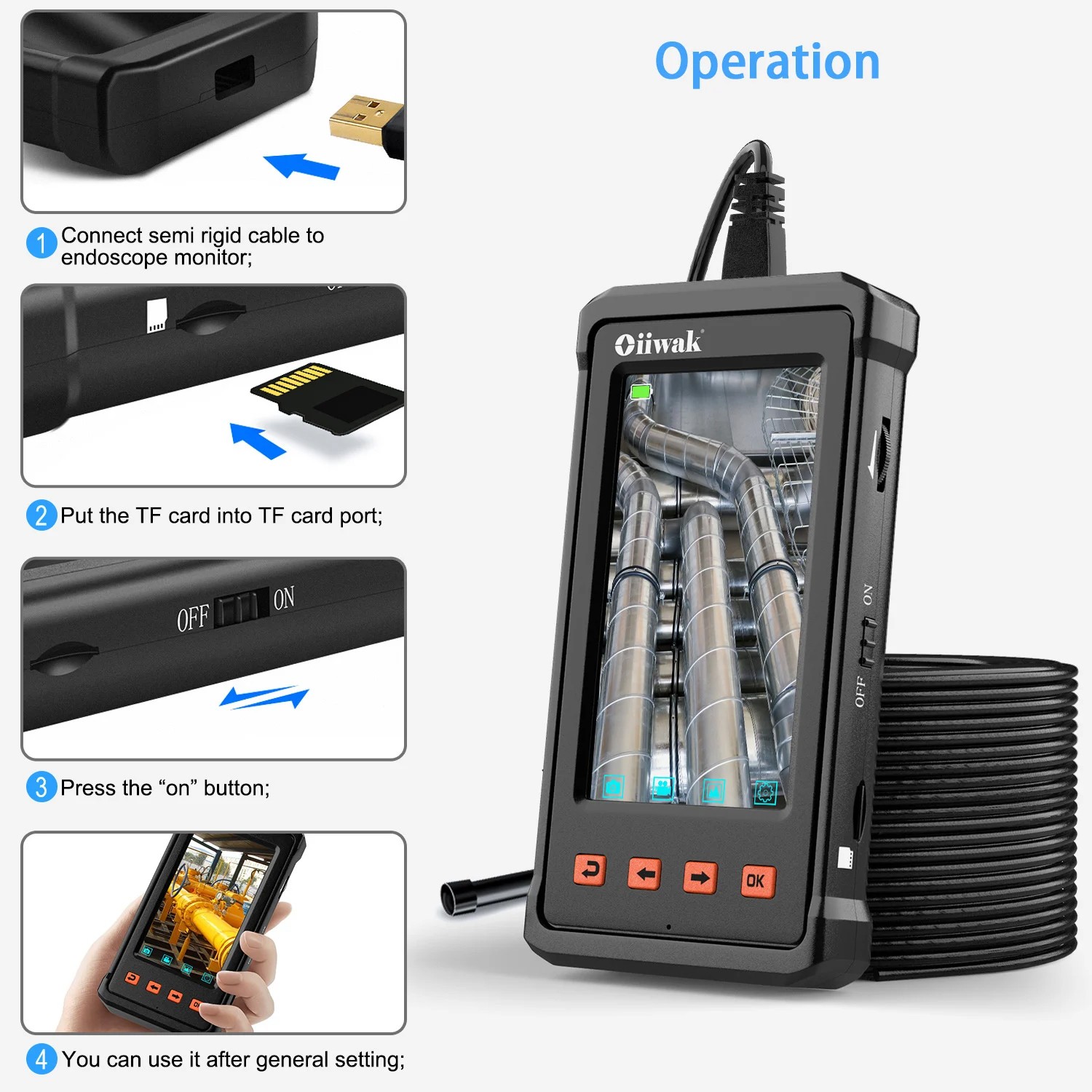 1080P HD Industrial Endoscope Borescope LCD 4.3″ 8.5mm Inspection Snake Camera