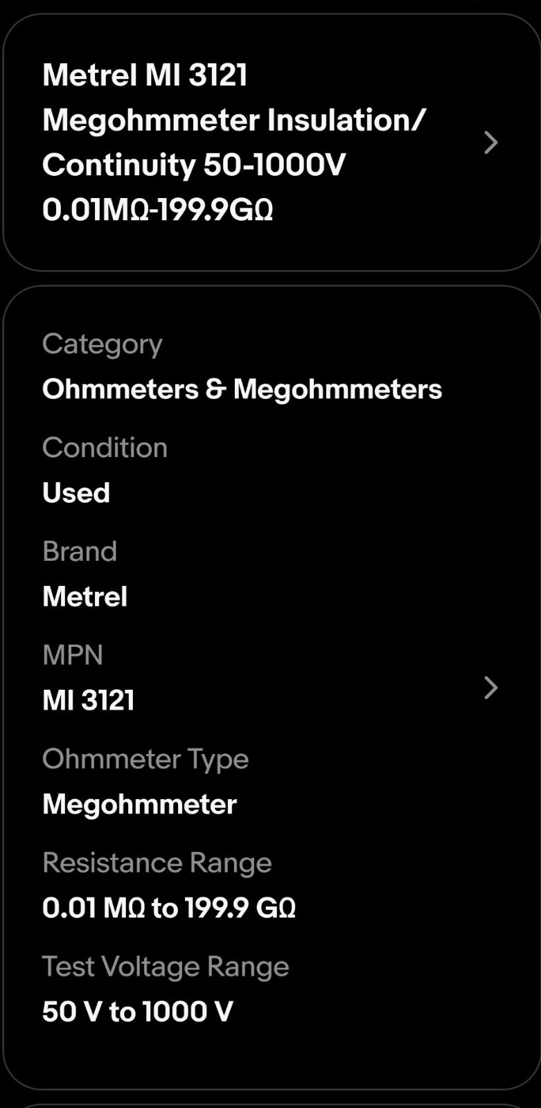 Metrel MI 3121 Megohmmeter Insulation/Continuity Tester 50-1000V 0.01MΩ-199.9GΩ