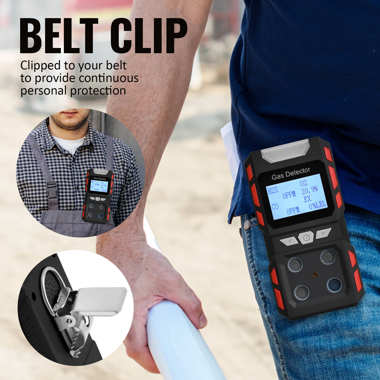 Rechargeable 4 in 1 Gas Detector 4-Gas Monitor-Meter Tester with Belt Clip