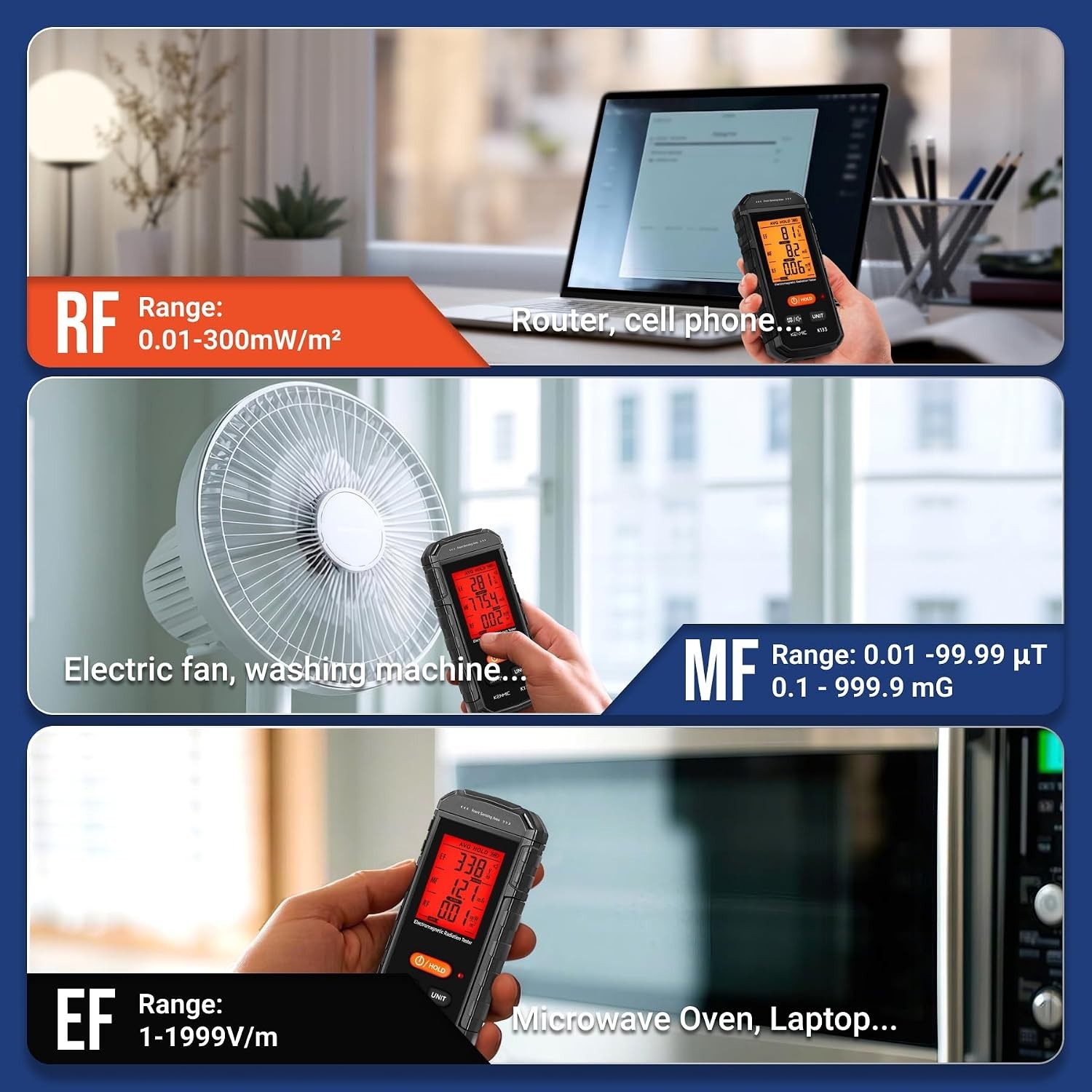 3-in-1 EMF Meter for Electric, Magnetic and Radio Frequency Detection