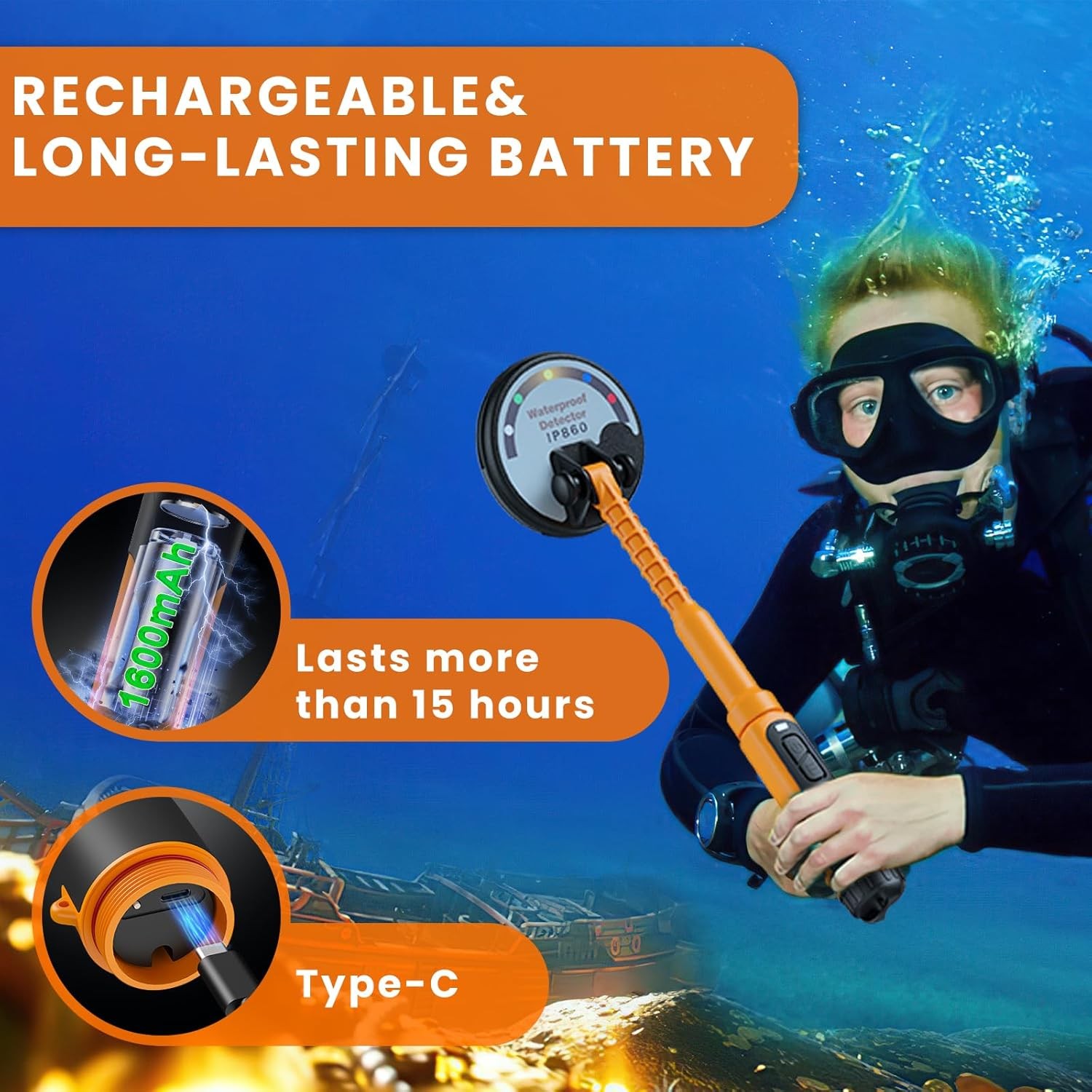 Professional Underwater Metal Detector with IP68 Waterproof Rating, 1600Mah Rech