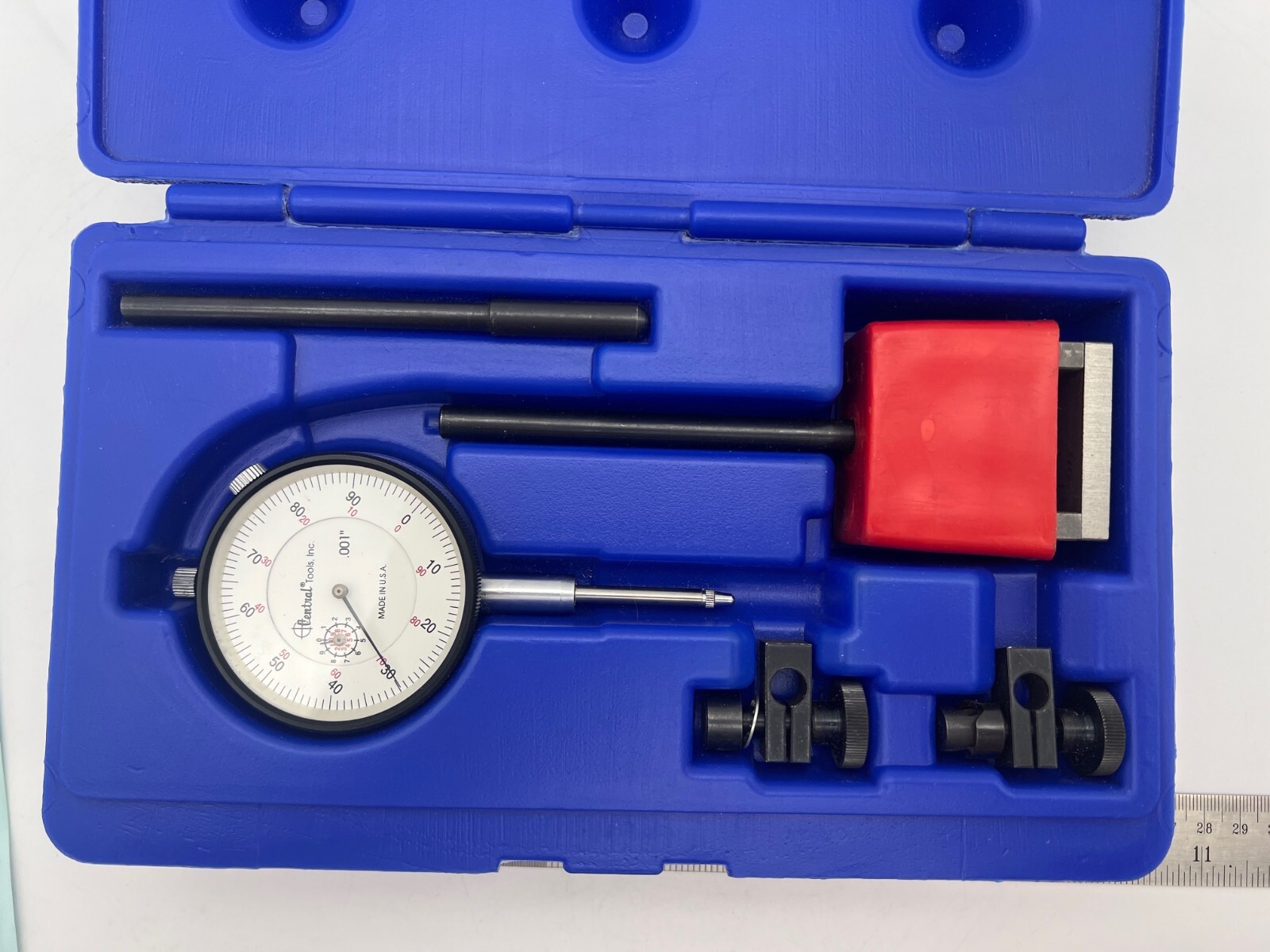 CENTRAL TOOLS 6410 1″ Range Dial Indicator Set Magnetic Base .001″ w/ Case USA