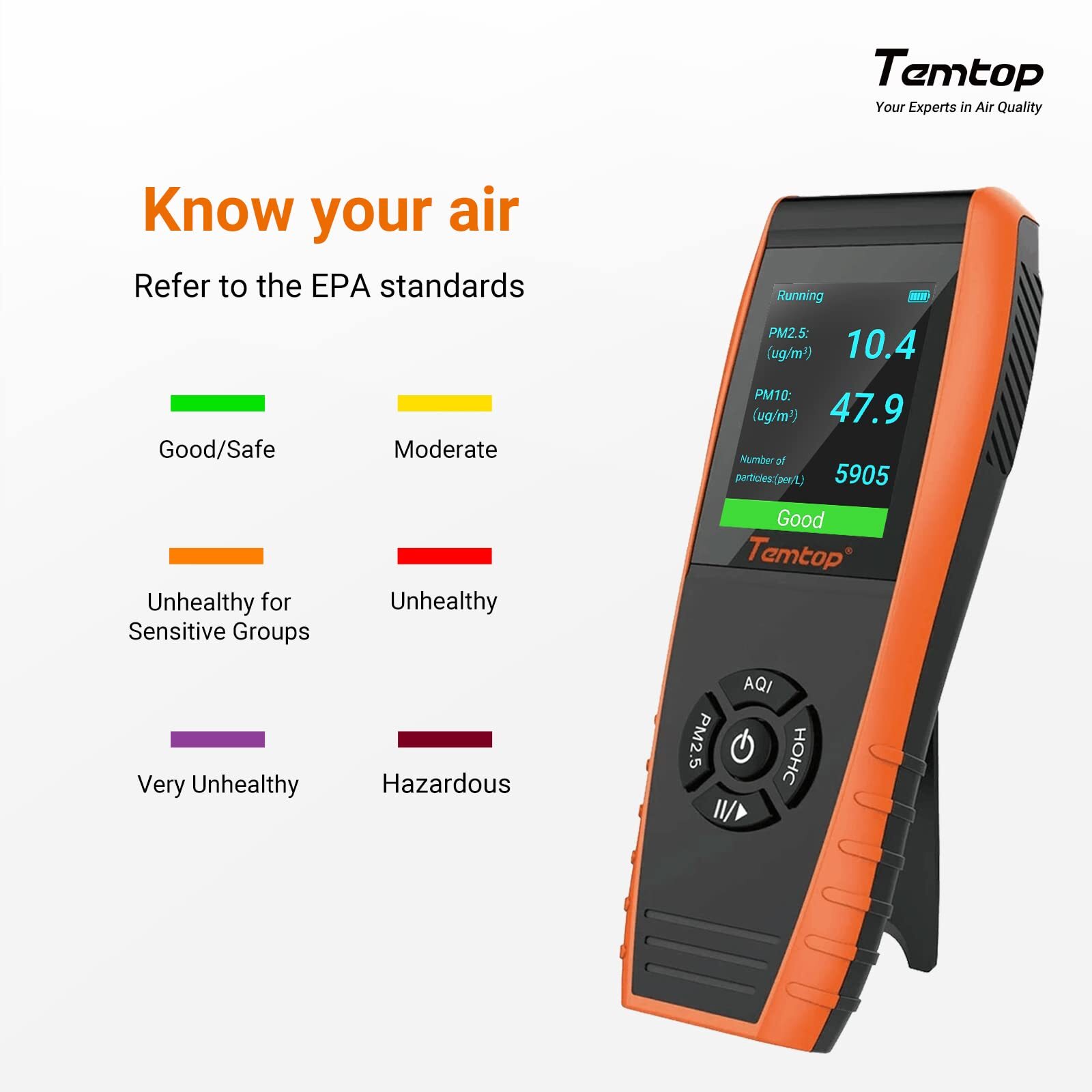 Temtop 8-in-1 Air Quality Monitor Detector PM2.5/10/AQI/HCHO T&H, LKC-1000S+2ND