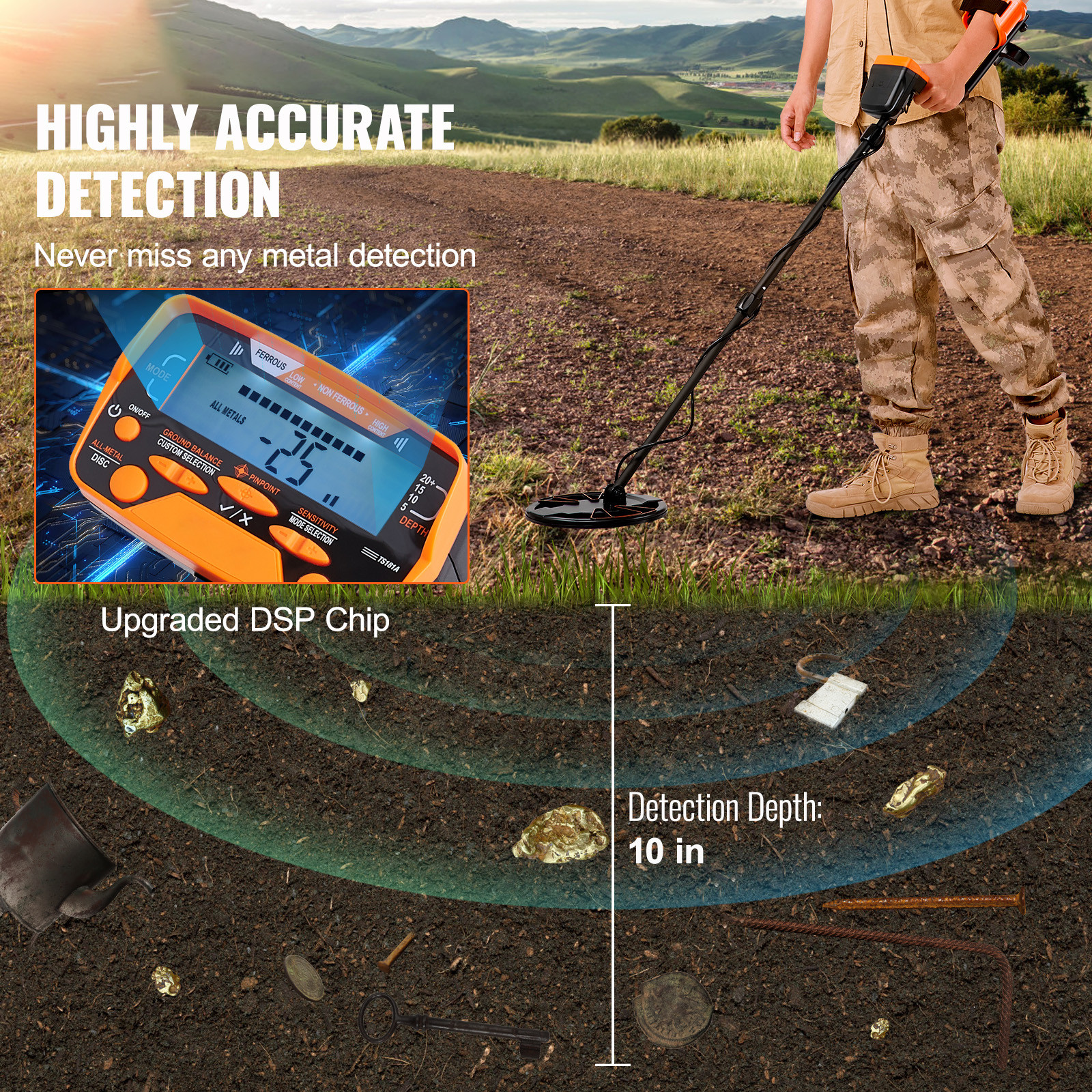VEVOR Metal Detector for Adults Professional Gold Detector 10 in IP68 Waterproof