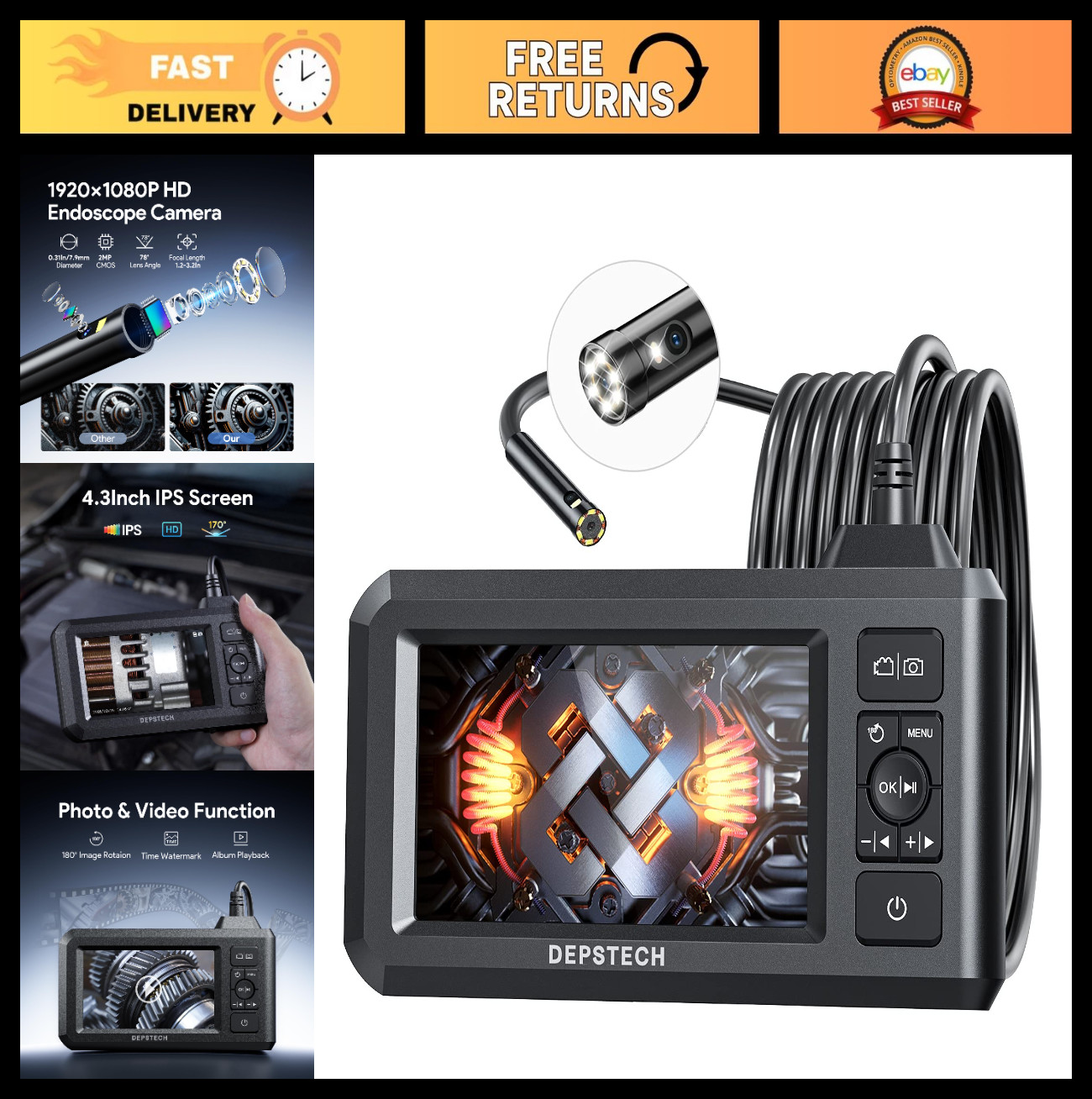 Dual Lens Endoscope Camera 16.5FT, 1080P HD, Waterproof Borescope for Automotive