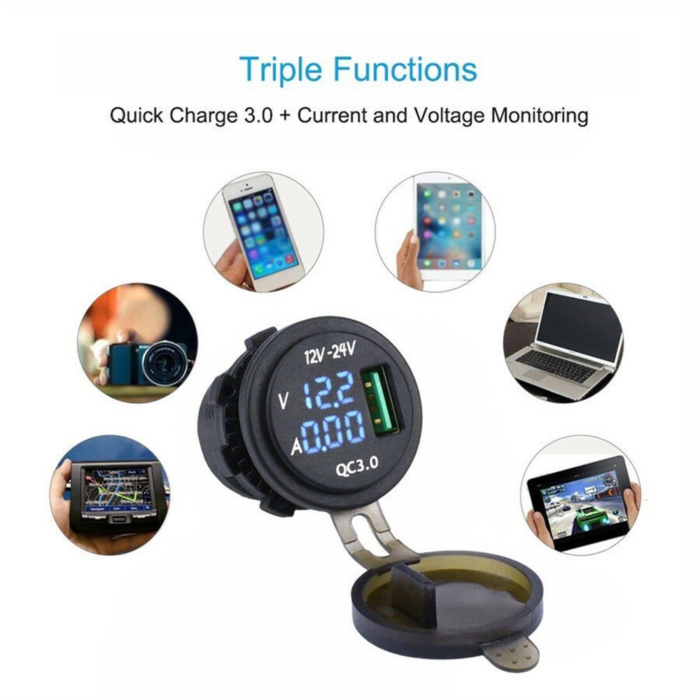 12V-24V USB Charger Blue LED Digital Display Voltage Amp Gauge Ammeter Voltmeter