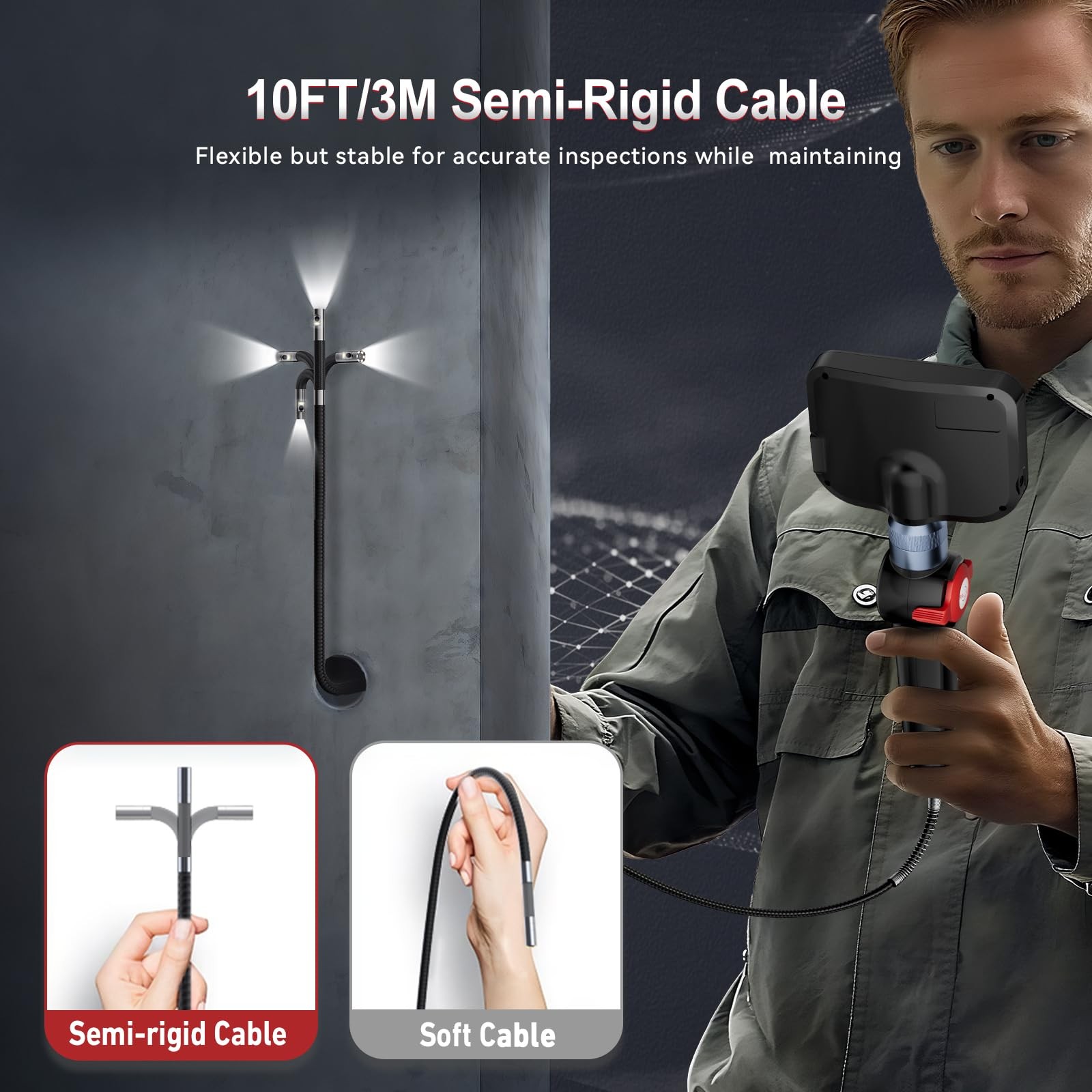 RALCAM Dual Lens Articulating Borescope, 10FT Semi-Rigid Inspection Camera wi…