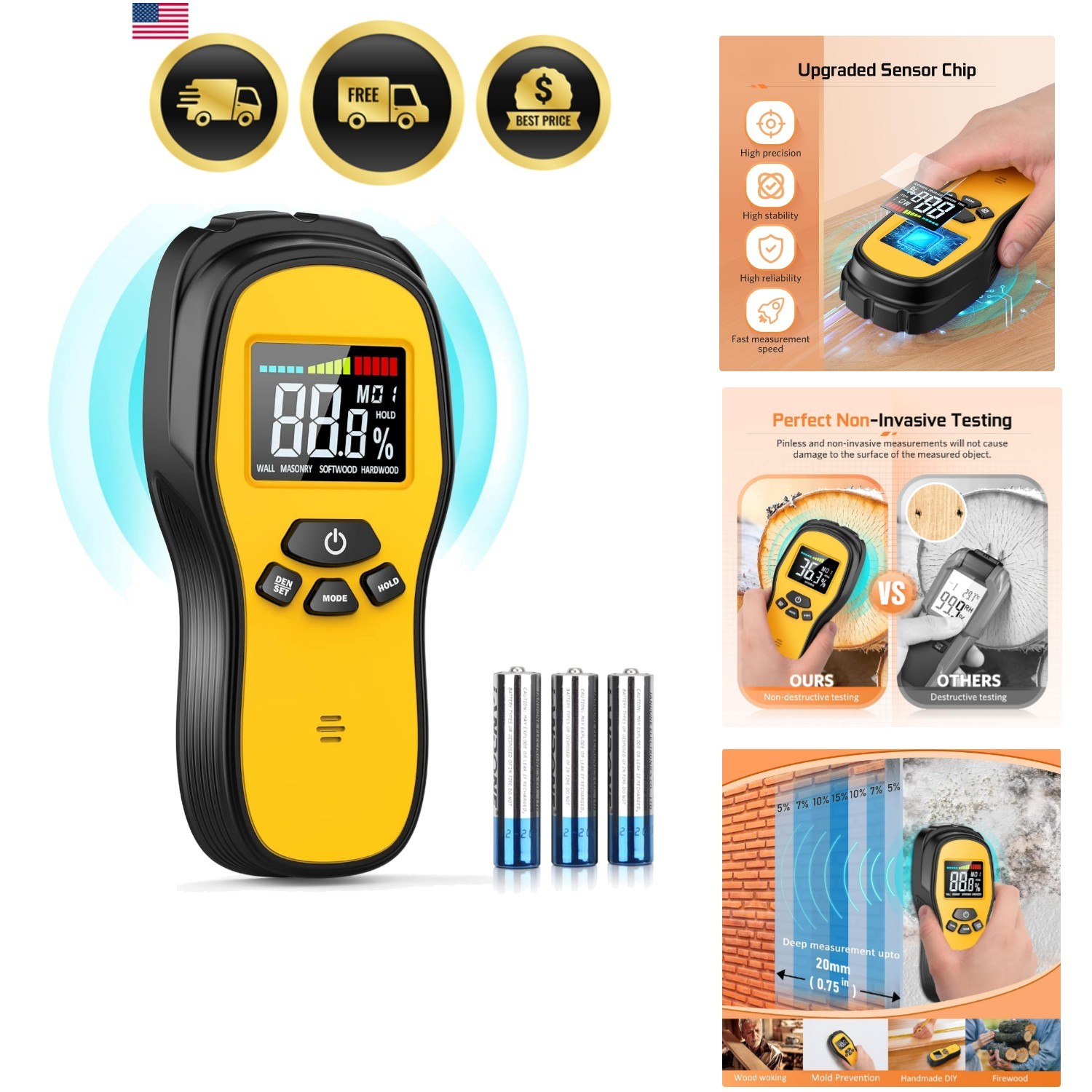 Pinless Moisture Meter – Wood Moisture Meter Digital Moisture Detector for Lu…