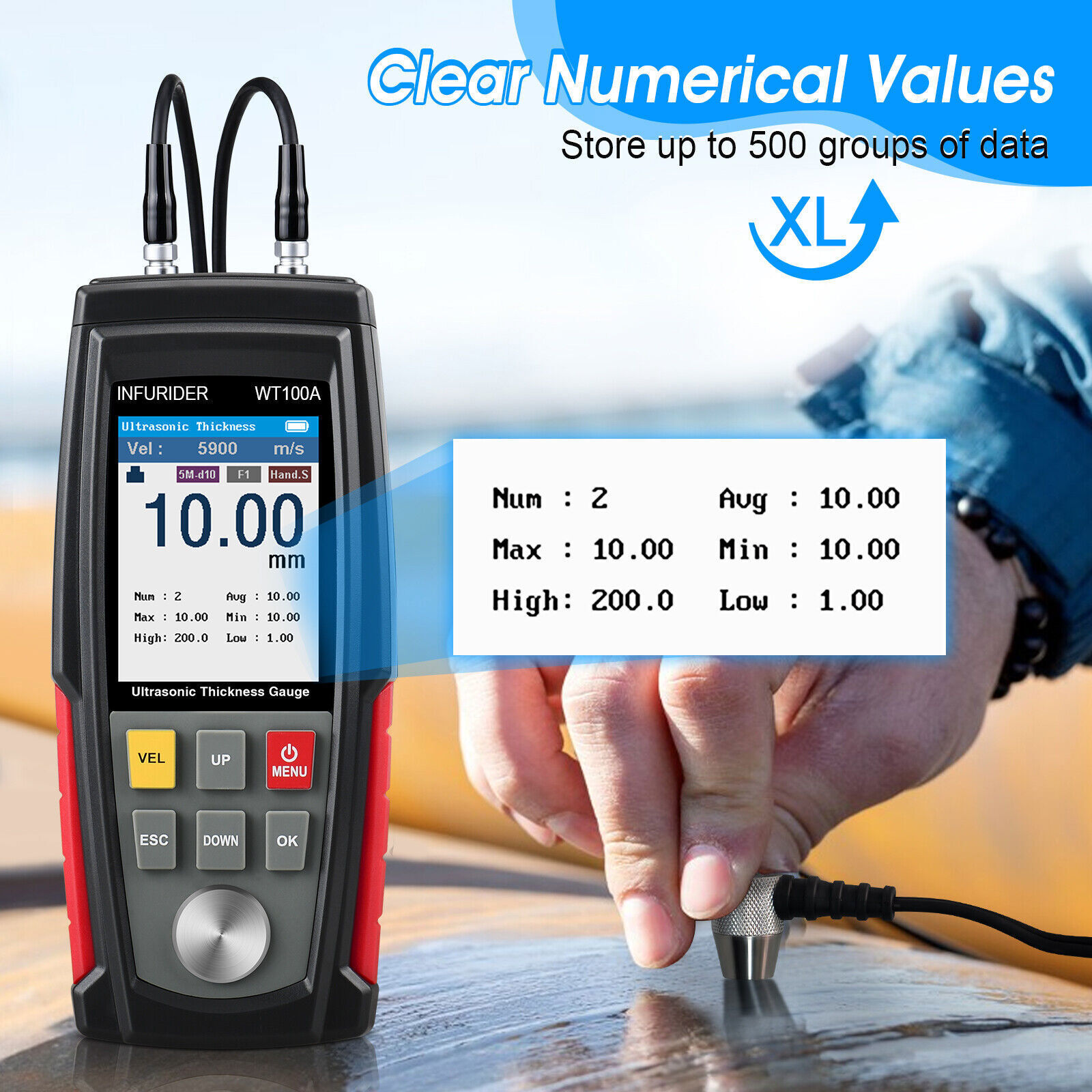 Digital Ultrasonic Thickness Gauge Meter Tester 1-300mm Tool for Metal Cast Iron