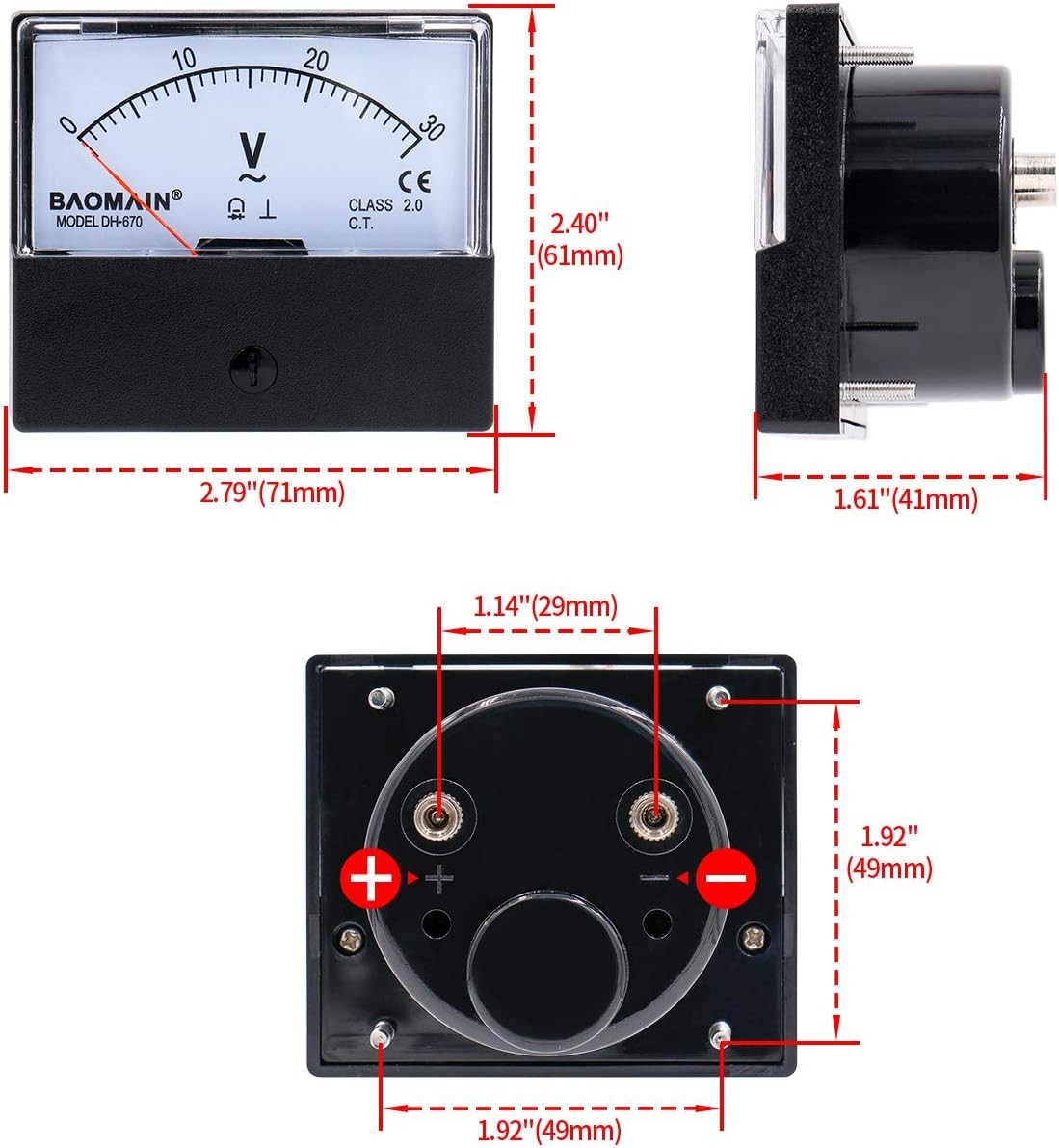 Baomain Voltmeter DH-670 AC 0-30V Rectangular Class 2.5 Analog Panel Volt Voltag