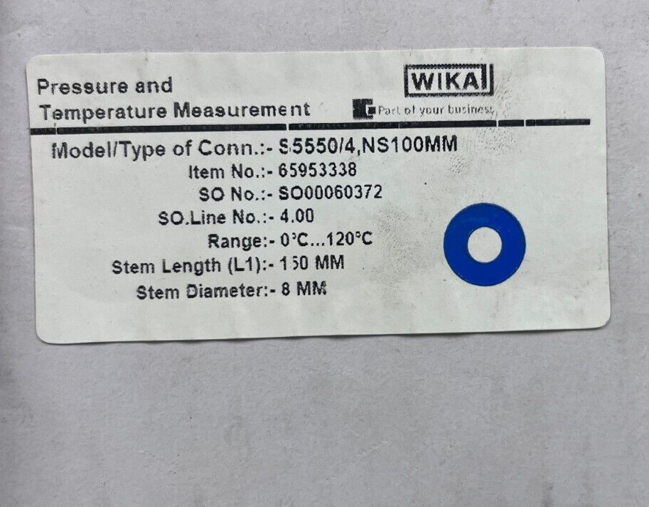 WIKA Model S5550 Bimetal Thermometer Back Mounted Adjustable Dial 120°C