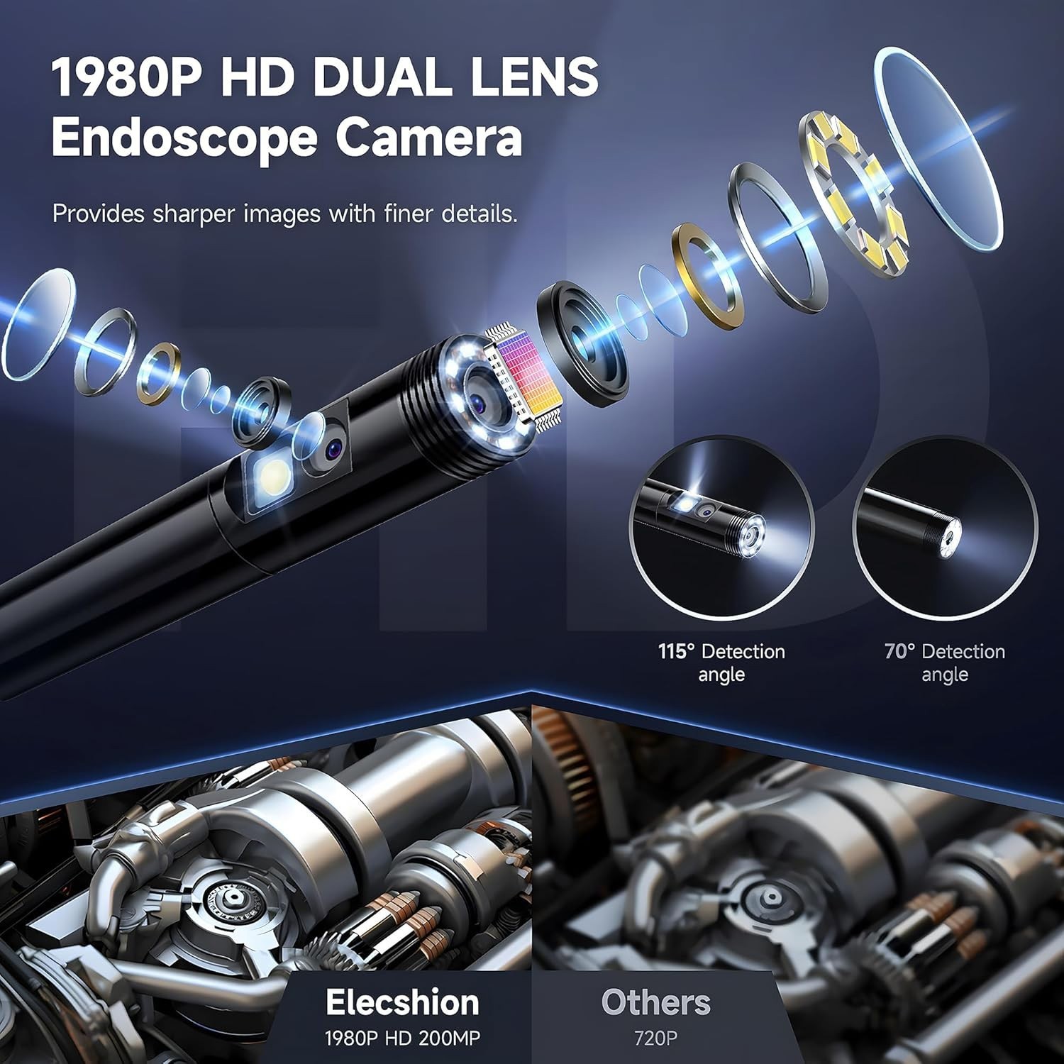 2M Dual Lens Borescope 1080P IP67 Waterproof LED Cam Auto Pipe Engine Inspection