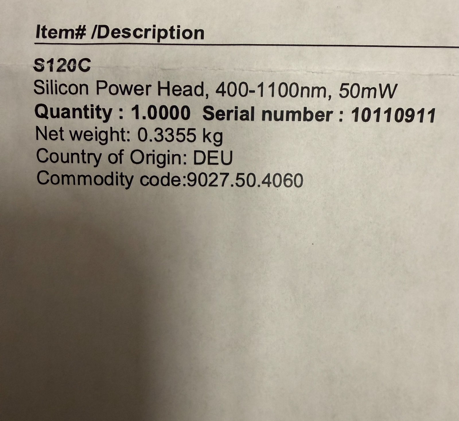 Thorlabs S120C Silicon Photodiode Power Sensor 400-1100nm 50mW