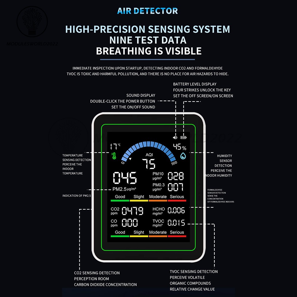 10-in-1 Air Quality Detector PM2.5 PM10 PM HCHO TVOC CO CO2 Formaldehyde Monitor