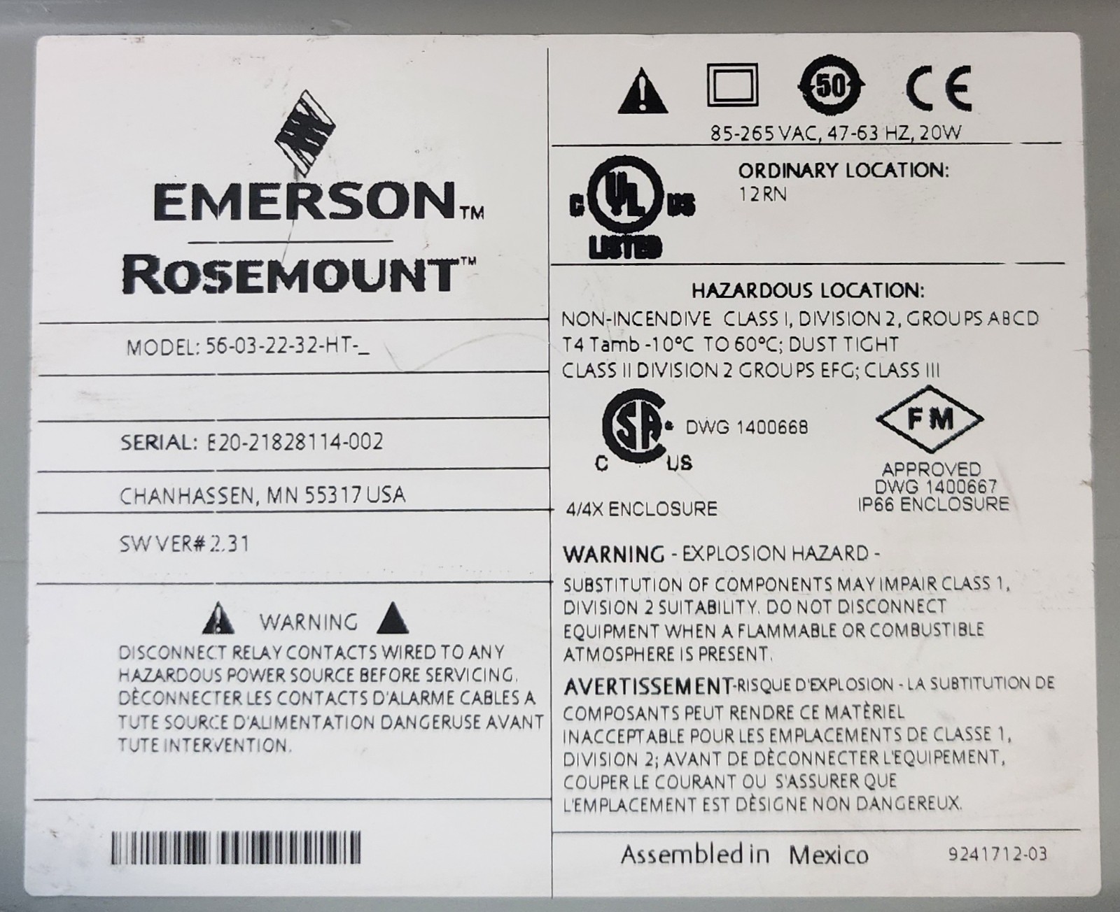 EMERSON Rosemount 56 Dual Input Analyzer 56-03-22-32-HT