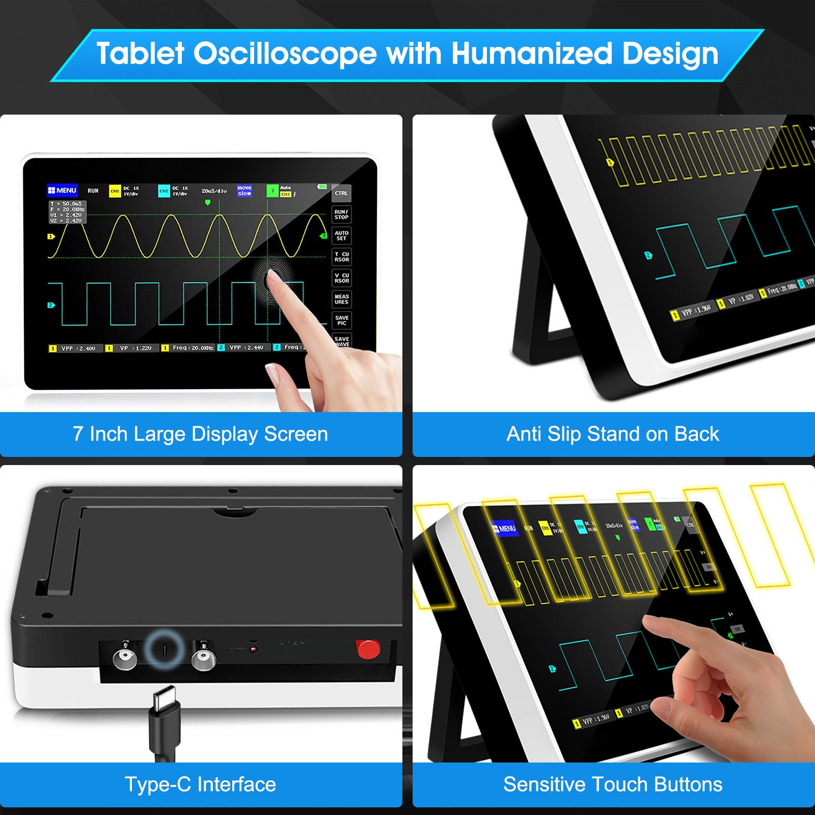 Portable 7″ Touchscreen Tablet Digital Oscilloscope 2CH 100MHz 1GSa/s 1GB Memory